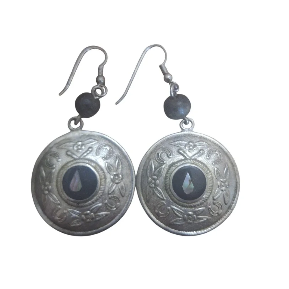 Vintage Equestrian Silver Tone Horseshoe Medallion Drop Earrings Mother Pearl